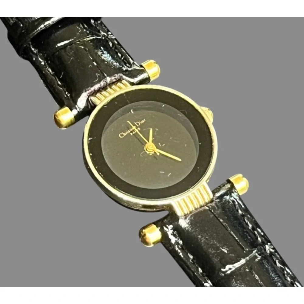 Vintage CHRISTIAN DIOR PARIS Black Moon Wrist Watch Leather Band Runs Well Gold